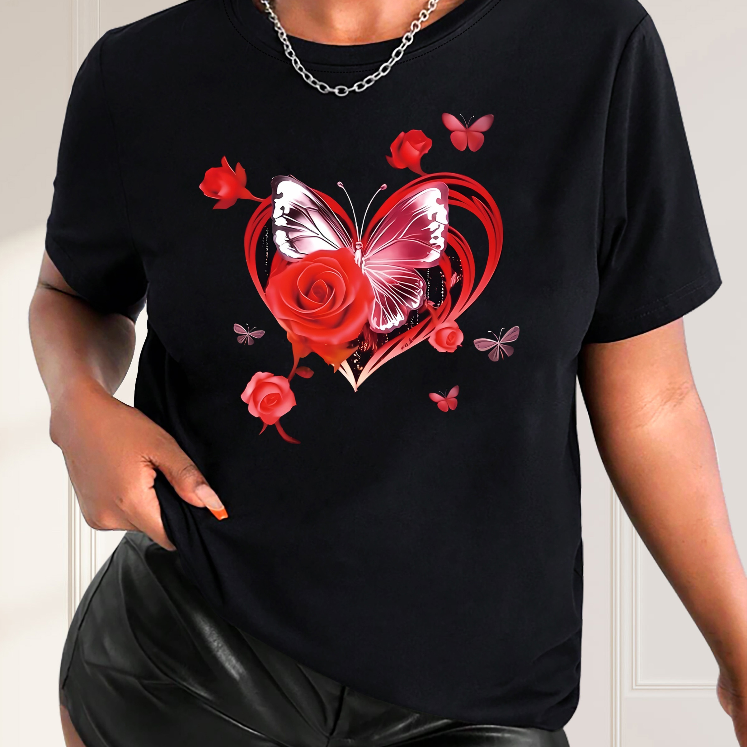 

Valentine's Day Heart Butterfly Print Short Sleeves Casual Tops, Round Neck Versatile Sports T-shirt, Women's Activewear