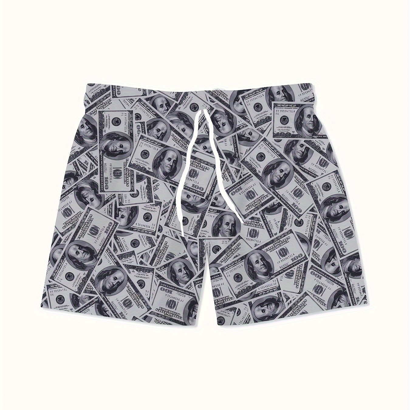 

Men's Casual Money Print Active Shorts, Drawstring Beach Shorts For Summer Beach Resort