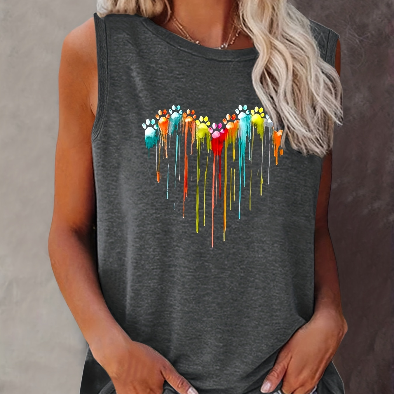 Colorful Paw Print Crew Neck Tank Top, Casual Sleeveless Top For Summer, Women's Clothing