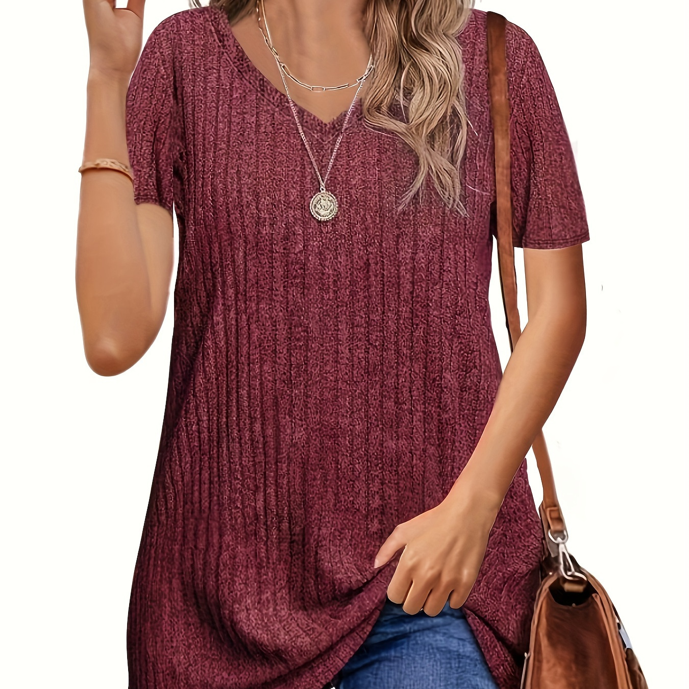 

Solid V-neck Simple T-shirt, Casual Short Sleeve T-shirt For Spring & Summer, Women's Clothing