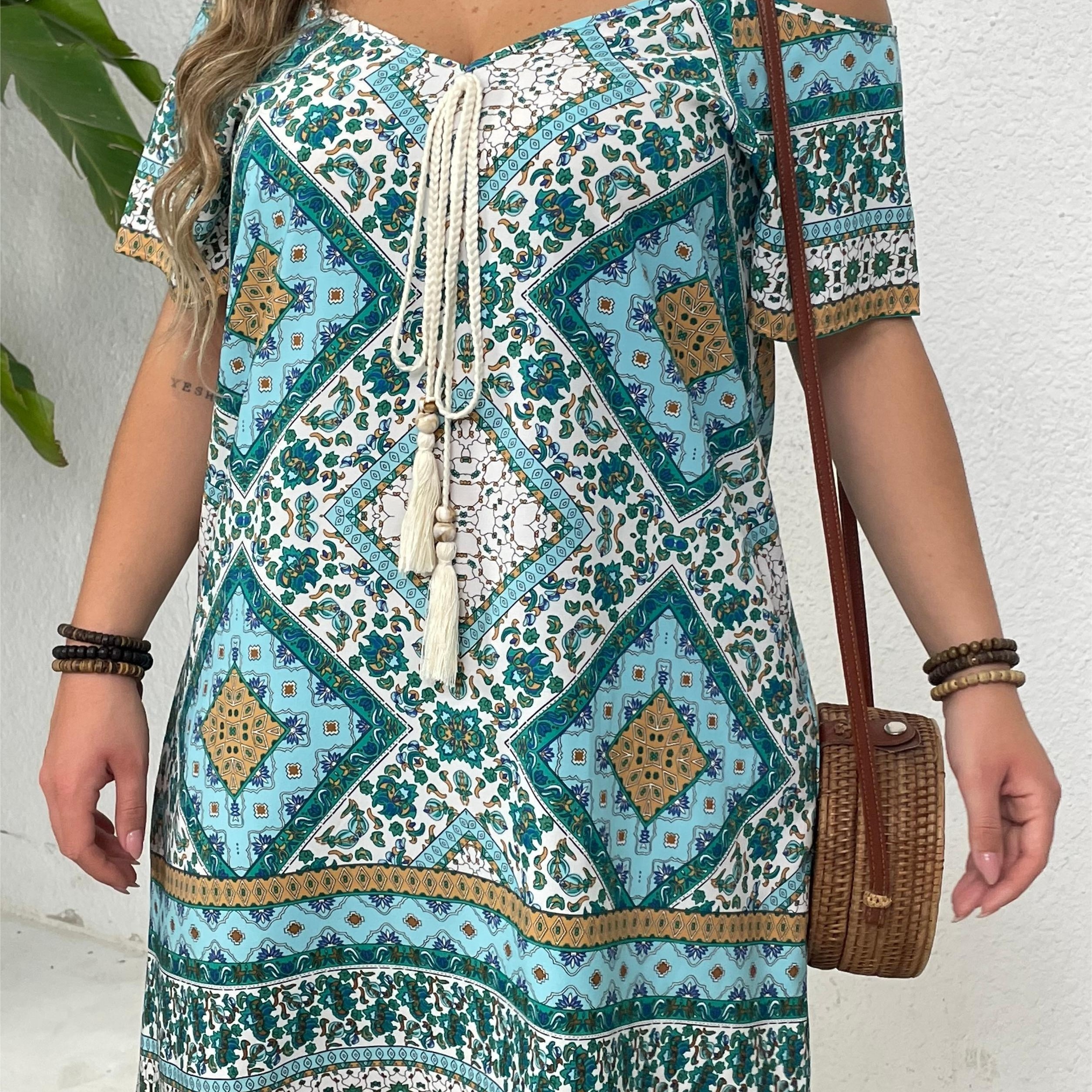 

Plus Size Ethnic Print Backless Cold Shoulder Dress, Boho Tie Front Dress For Spring & Summer, Women's Plus Size Clothing