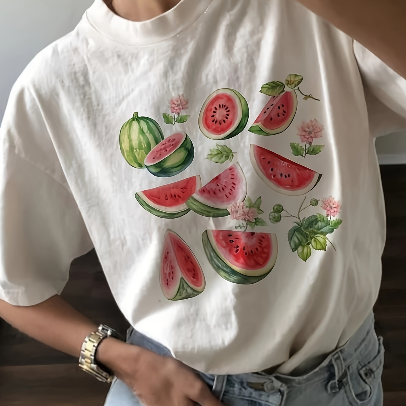 

Watermelon Print T-shirt, Short Sleeve Crew Neck Casual Top For Summer & Spring, Women's Clothing