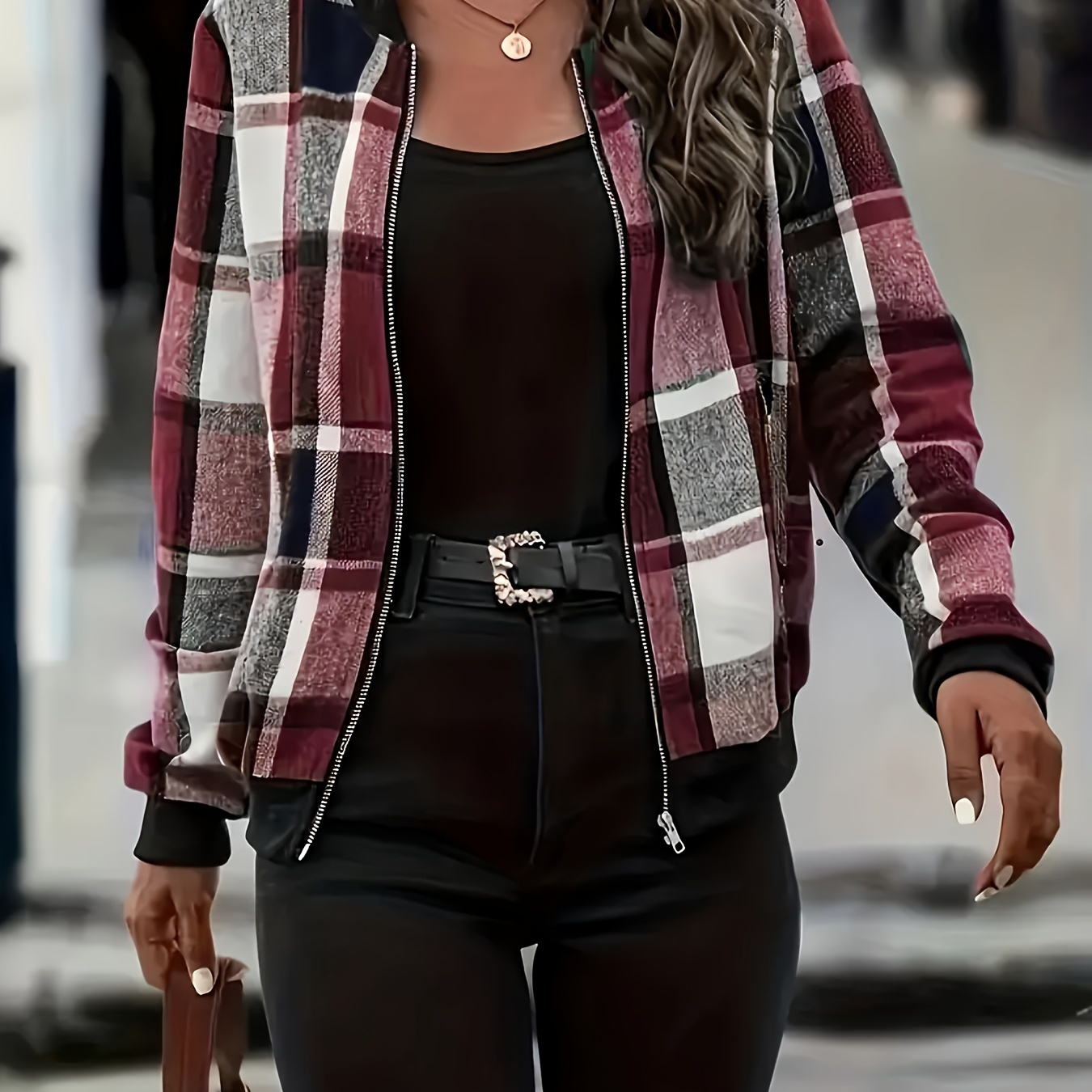 

Chic Polyester Gingham Baseball Collar Jacket With Zipper , Long Sleeve, Regular Fit, Woven Fabric With Slight Stretch, Elegant Fall/ - Casual Jacket