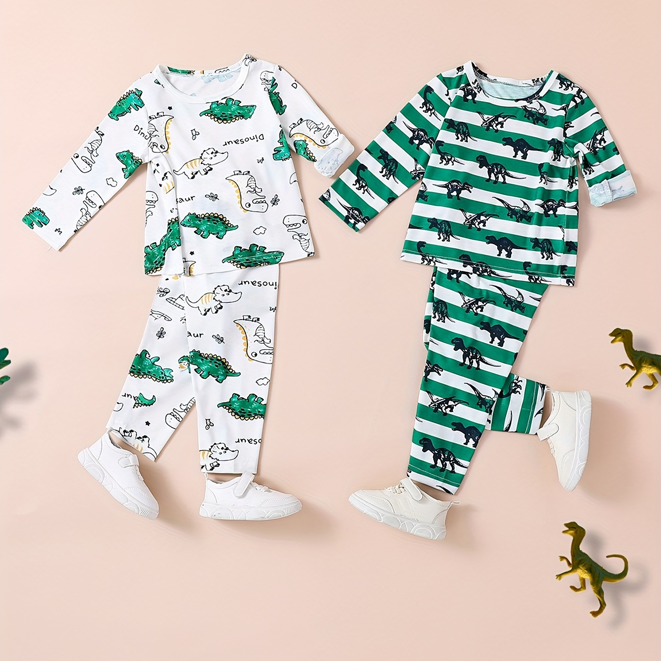 

2 Sets Baby's Long Sleeve T-shirt & Pants, Cartoon Dinosaur Pattern Co-ords, Infant & Toddler Boy's Clothes Set For Spring Summer