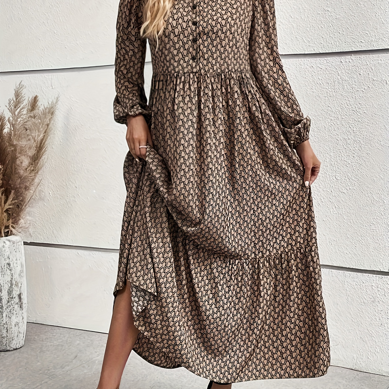 

Allover Print Button Front Maxi Dress, Elegant Long Sleeve Loose Dress For Spring & Fall, Women's Clothing