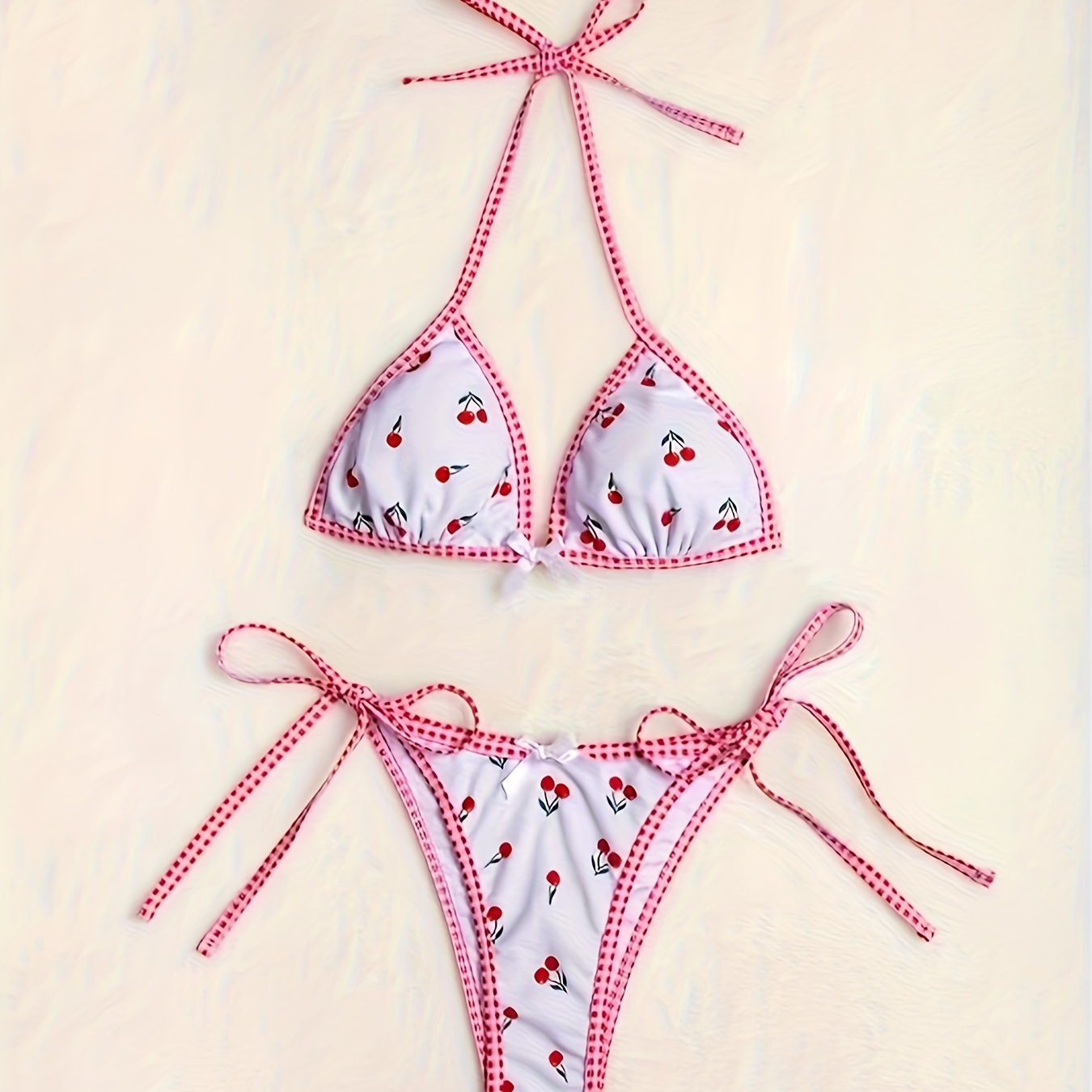 

Cherry Pattern Triangle 2 Piece Set Bikini, Halter Neck High Cut Tie Side Swimsuits, Women's Swimwear & Clothing