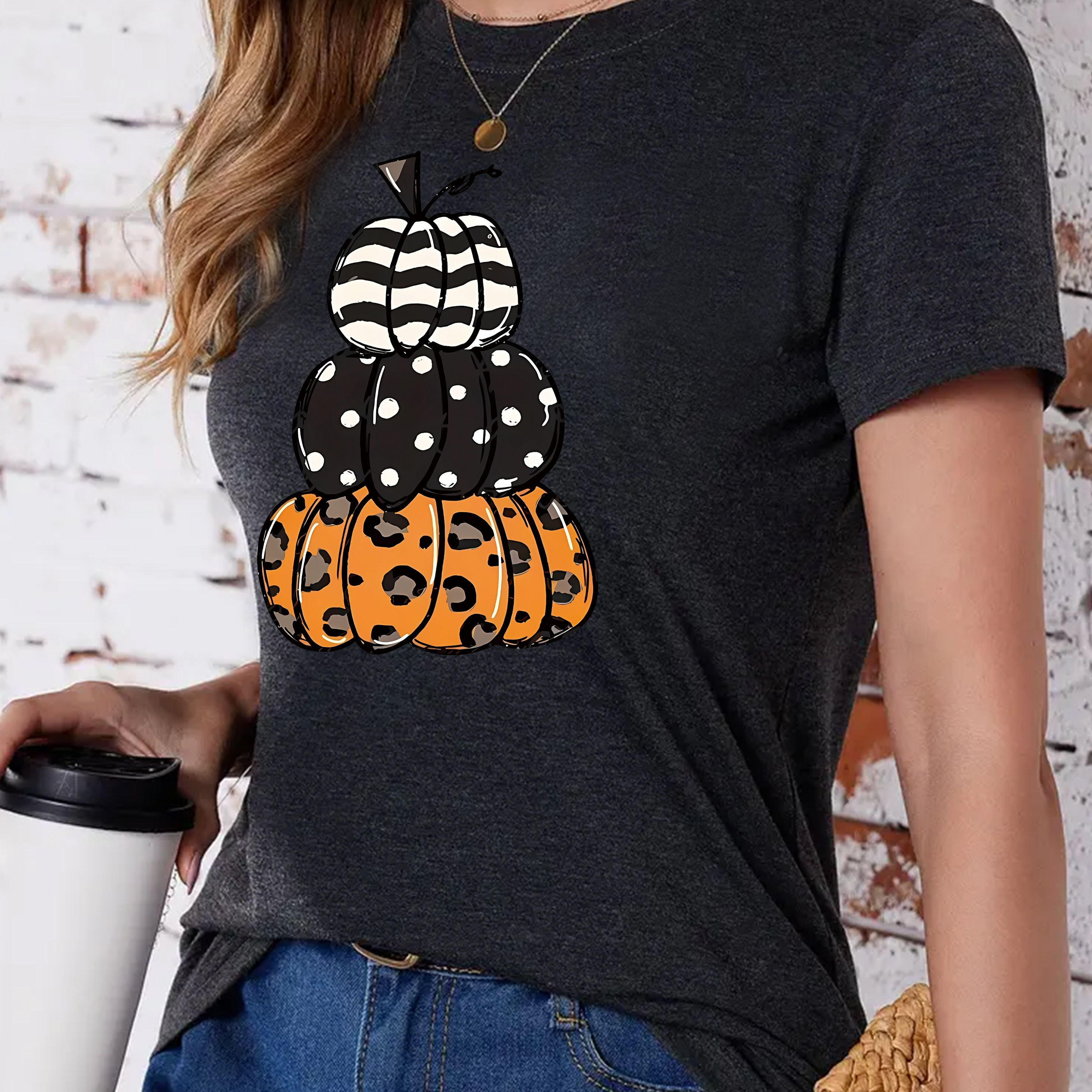 

3 Pumpkin Pattern T-shirts, Short Sleeve Casual Round Neck Top, Spring/summer Women's Wear