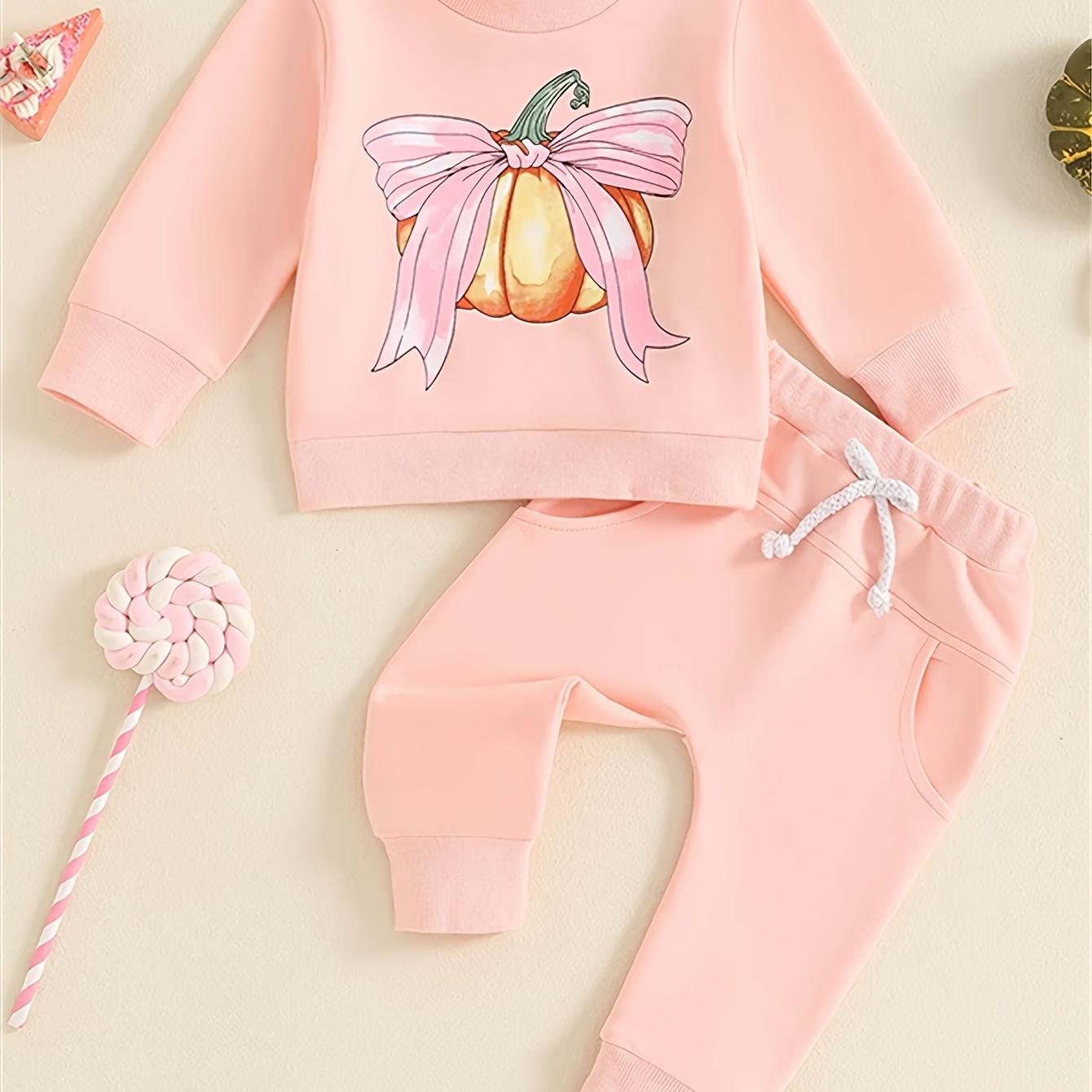 

2pcs Baby's Cartoon Bowknot Pumpkin Print Sweatshirt + Casual Sporty Style Pants, Toddler & Infant Girl's Clothing Set For Spring Fall