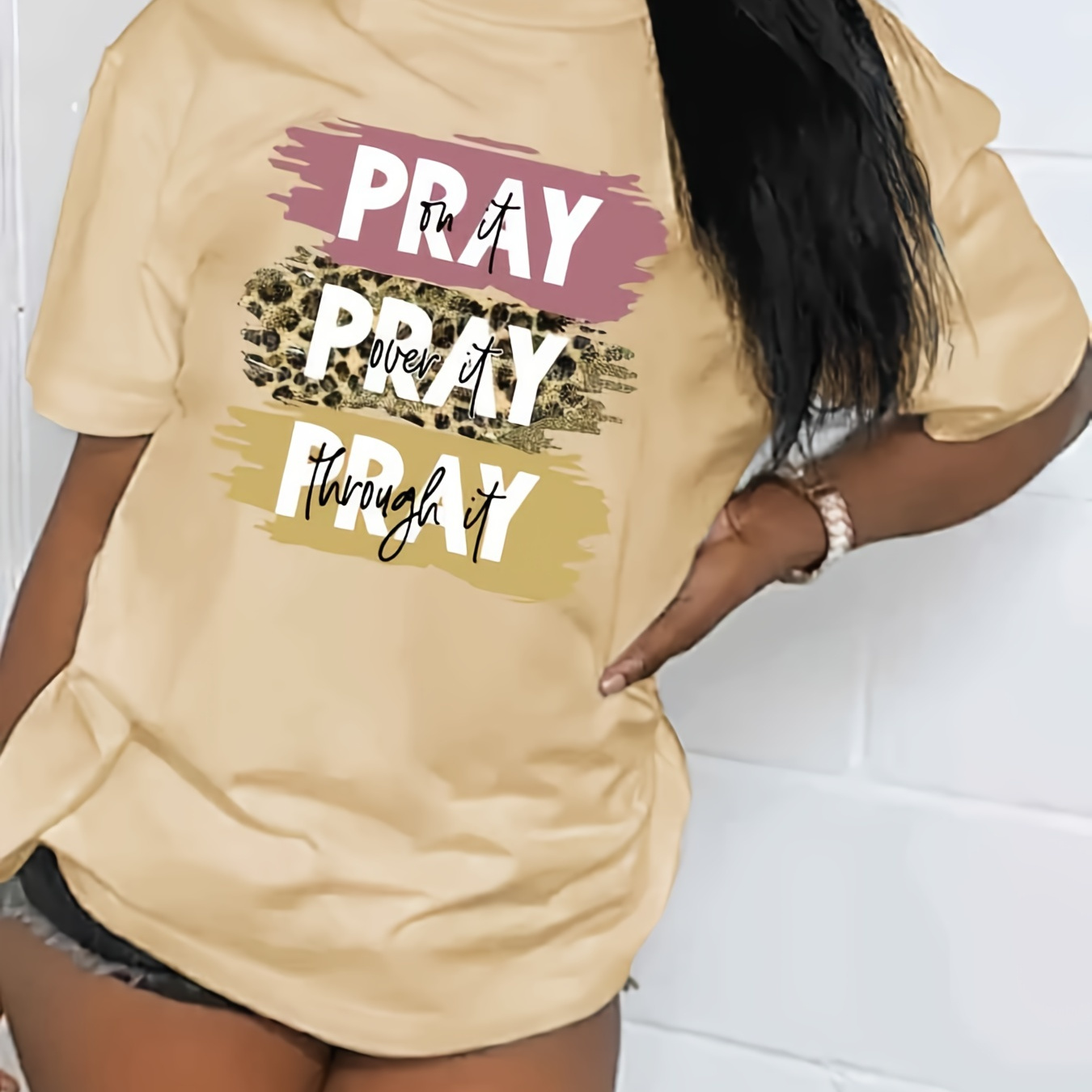 

Pray Print Graphic T-shirt, Short Sleeve Crew Neck Casual Top For Summer & Spring, Women's Clothing