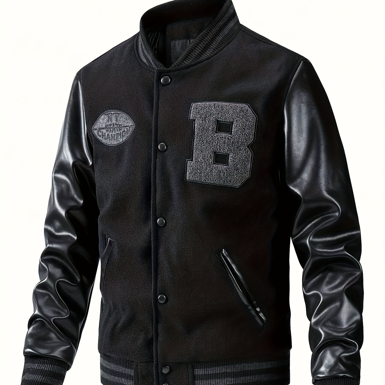 

Plus Size Men's College Style Baseball Jacket, Polyester, Casual Embroidery Design With Pockets, Hand Wash Recommended