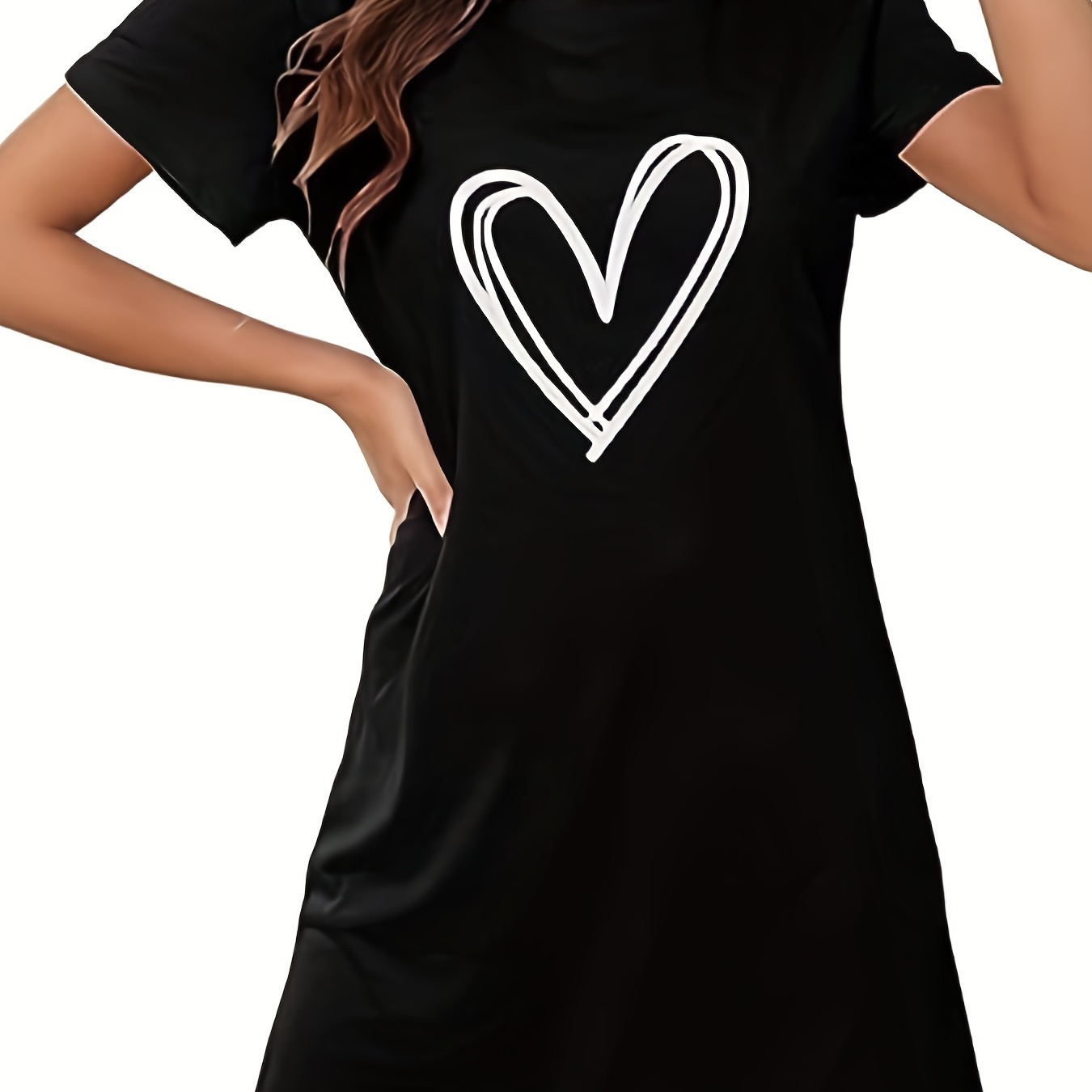 

Heart Print Nightdress, Short Sleeve Crew Neck Pajama Dress, Women's Sleepwear & Dresses