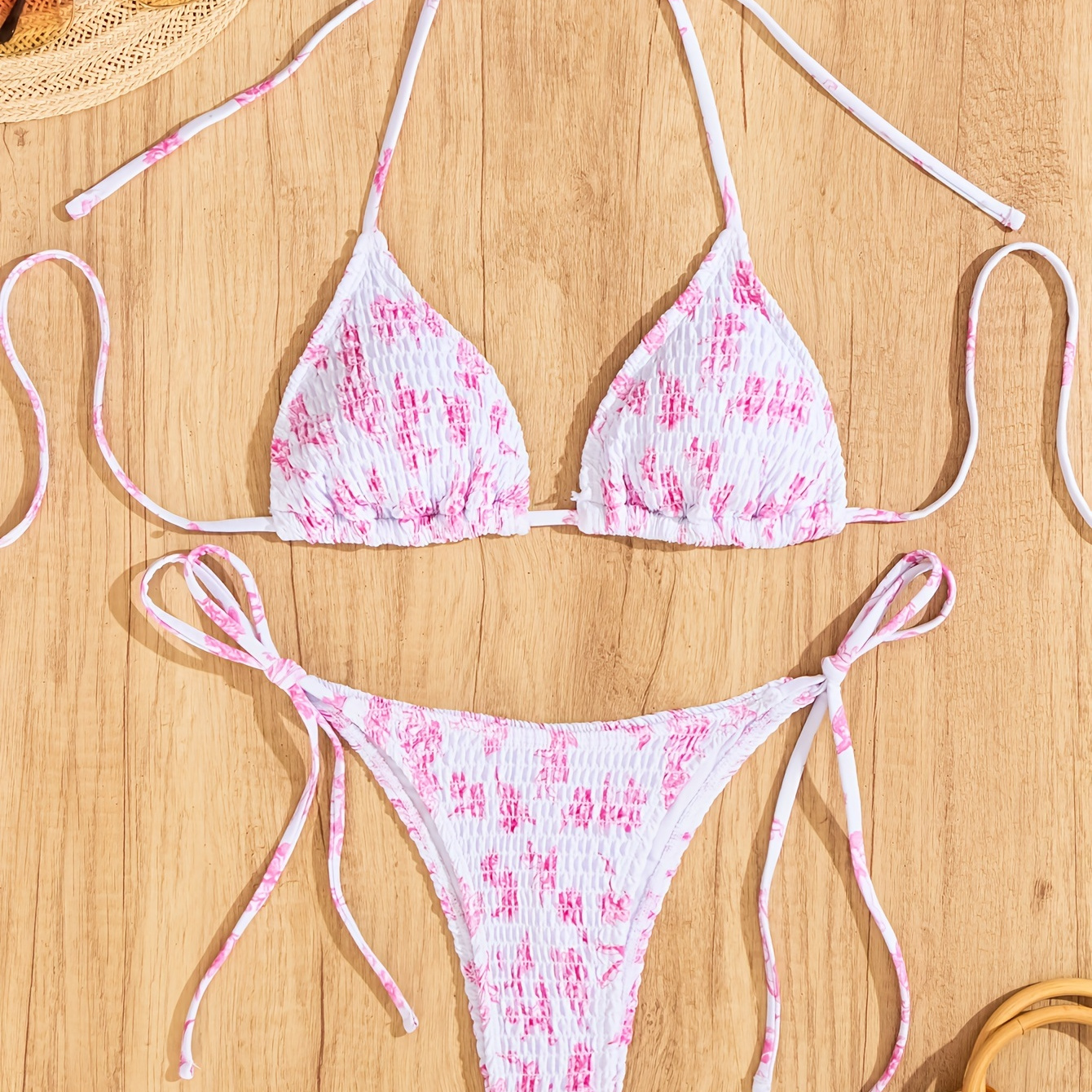

Floral Pattern 2 Piece Set Bikini, Triangle Halter Neck High Cut Tie Side Swimsuits, Women's Swimwear & Clothing