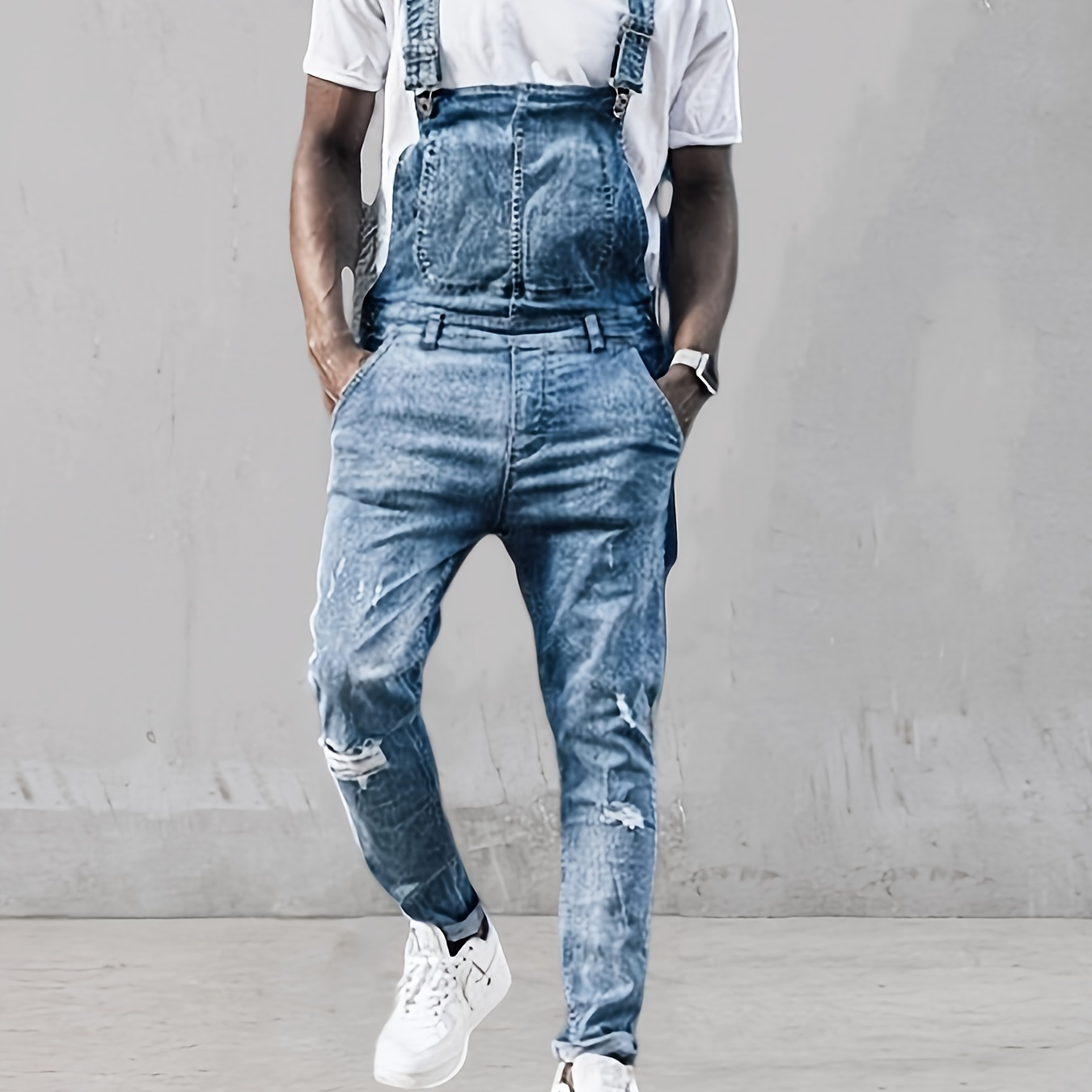 

Men's Solid Denim Overalls, Spring Fall Regular Jumpsuit For Males