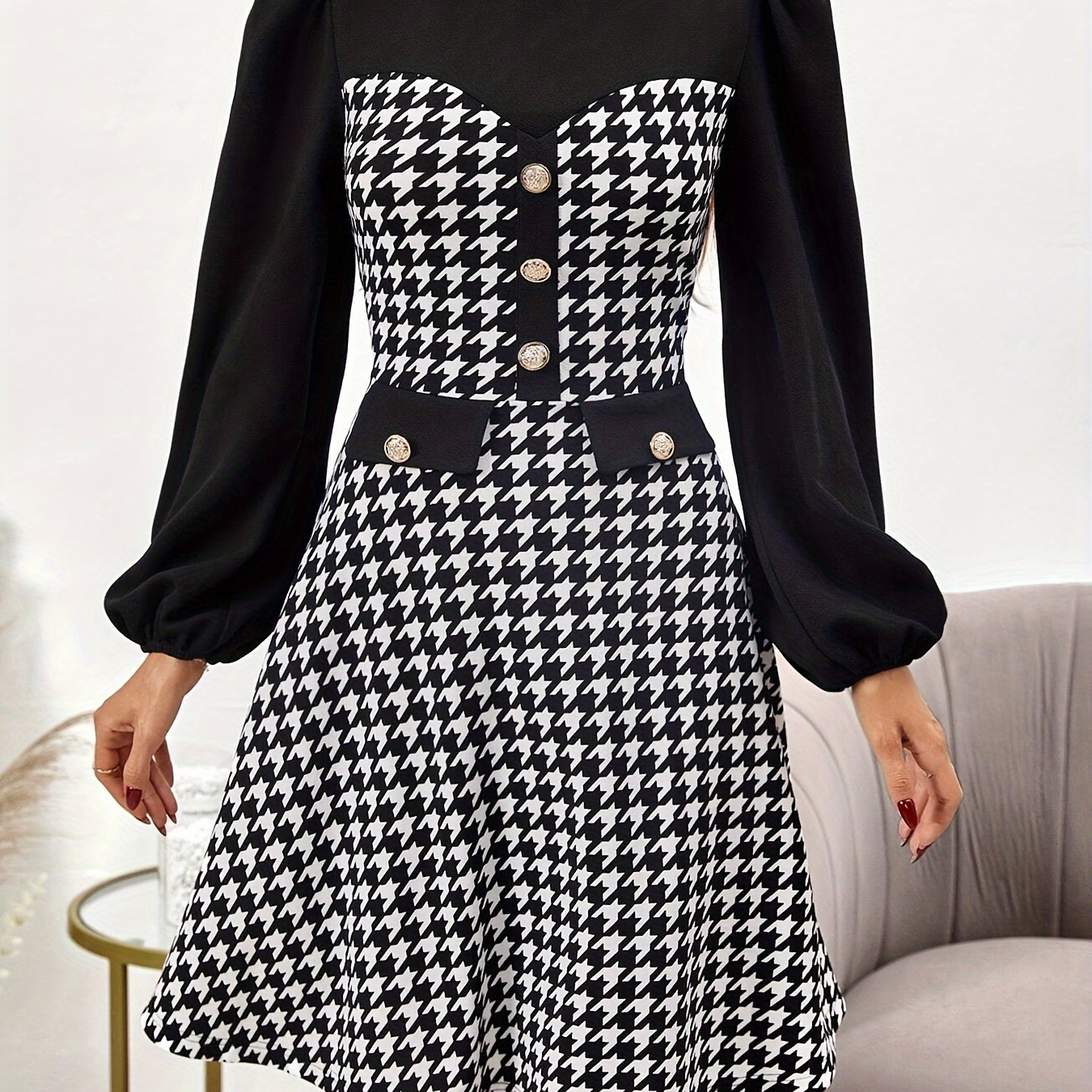 

Houndstooth Print Button Front Splicing A-line Dress, Elegant Crew Neck Long Sleeve Dress For Spring & Fall, Women's Clothing