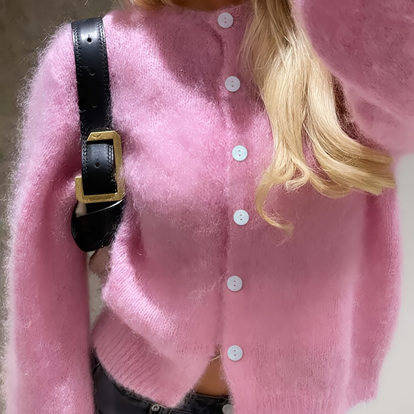 

1pc Elegant Women' Color Polyester Knit Cardigan - Long Sleeve Round Neck Sweater With Button Detail For Spring/summer/fall