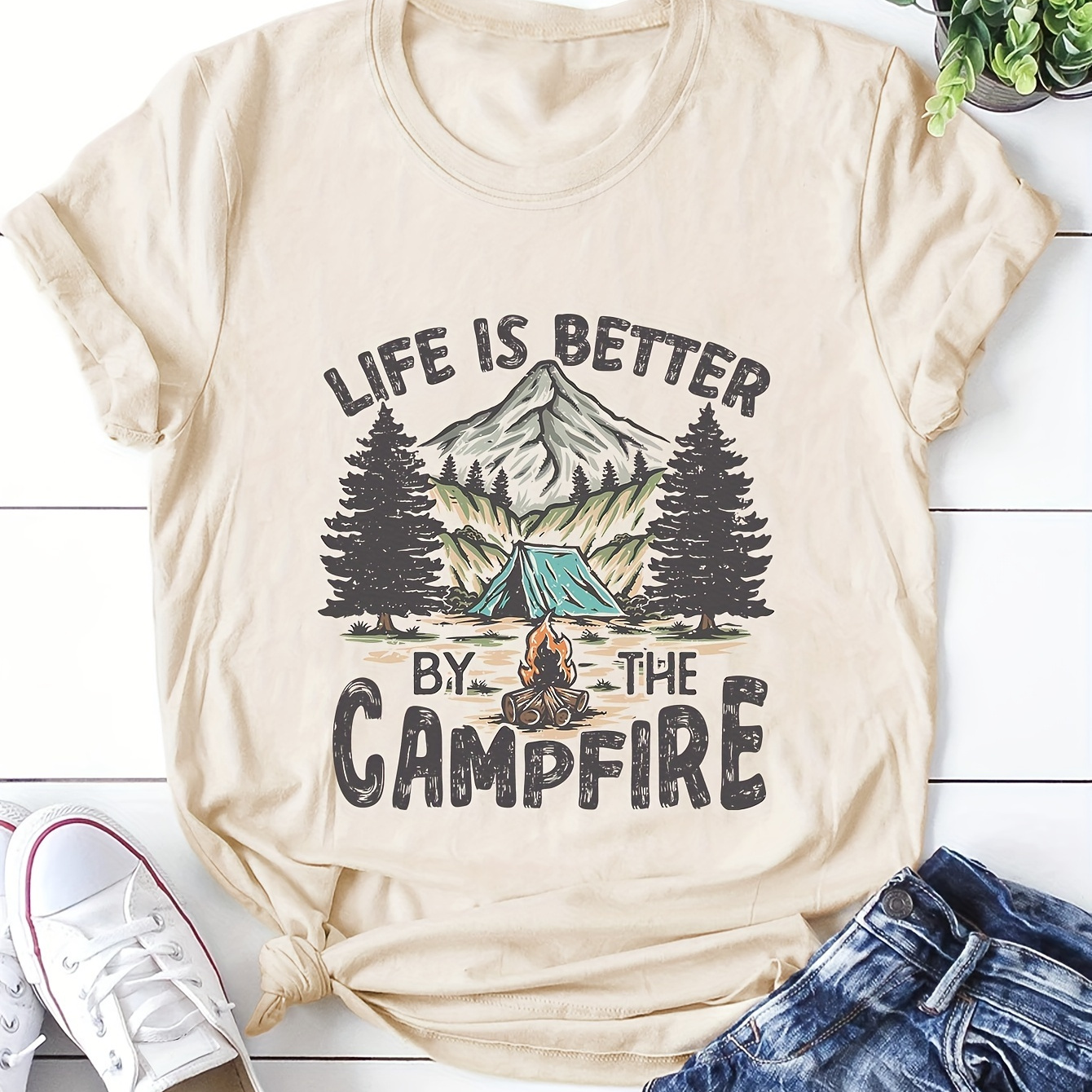 

Campfire Print Crew Neck T-shirt, Short Sleeve Casual Top For Spring & Summer, Women's Clothing