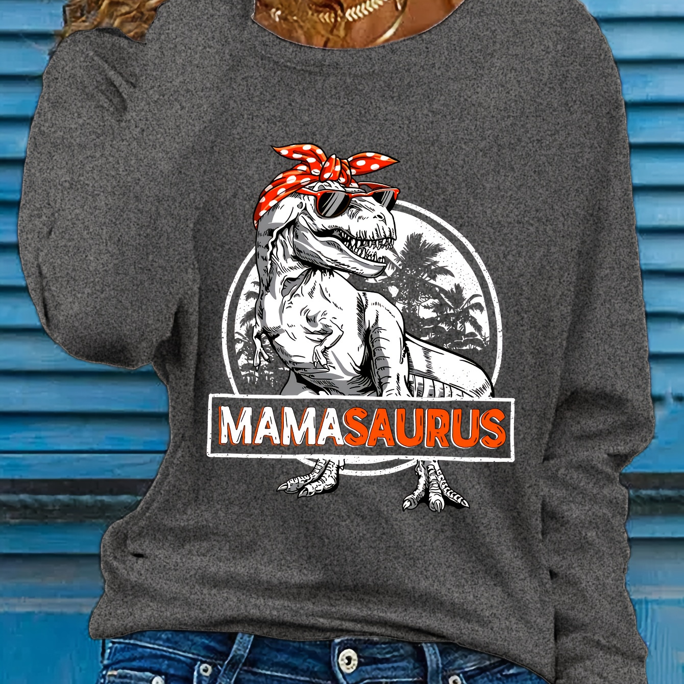 

Themed Mamasaurus Dinosaur Graphic Crew Neck Sweatshirt – Casual Polyester Knit Fabric Applique Regular Length Pullover For Fall