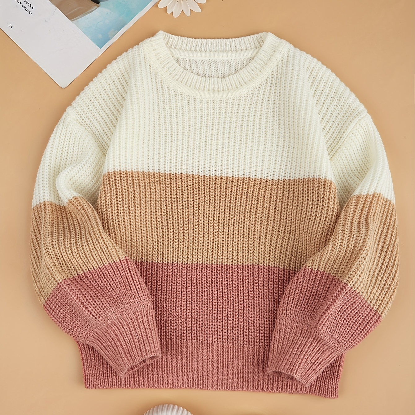 

Pull Décontracté En Tricot De Couleur Contrastée Pour Petite Fille, Hauts À Épaules Tombantes Pour L'automne Et L'hiver