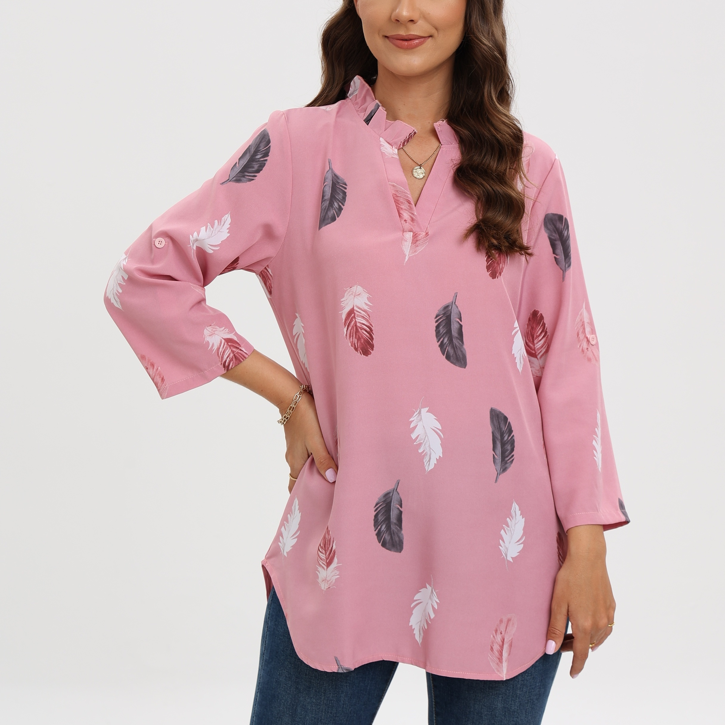 

Feather Print Notched Neck Blouse, Casual Long Sleeve Blouse For Spring & Fall, Women's Clothing