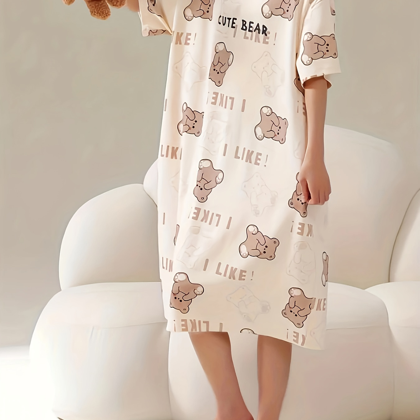 

Women's Cute Cartoon Short Sleeve Sleep Dress - Comfy Polyester , Machine Washable