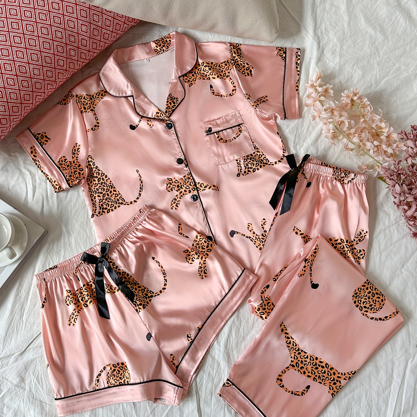 

Leopard Print Satin Loose Fit Pajama Set, Cozy Short Sleeve Button Up Lapel Collar Top & Bow Shorts & Pants, Women's Sleepwear