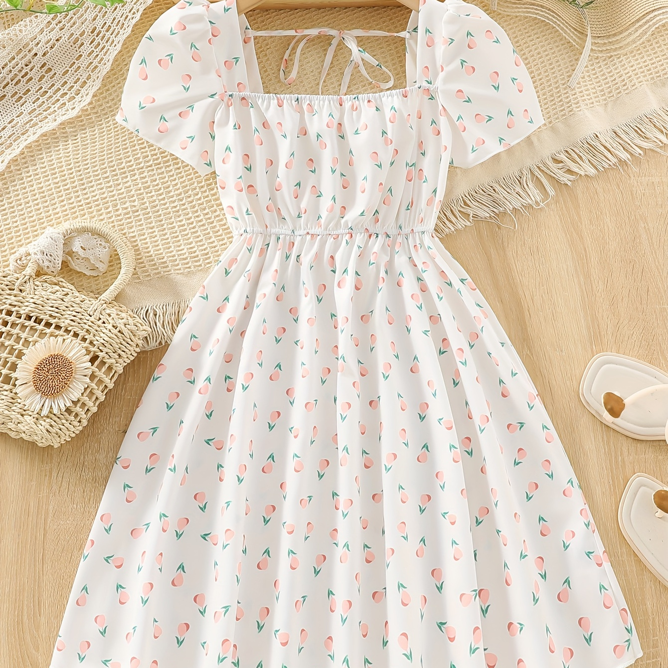 Girls' Floral Neck Puff Sleeve Dress with Elastic Waist Shoulders  Lightweight Summer Outdoor Machine Washable, Pe