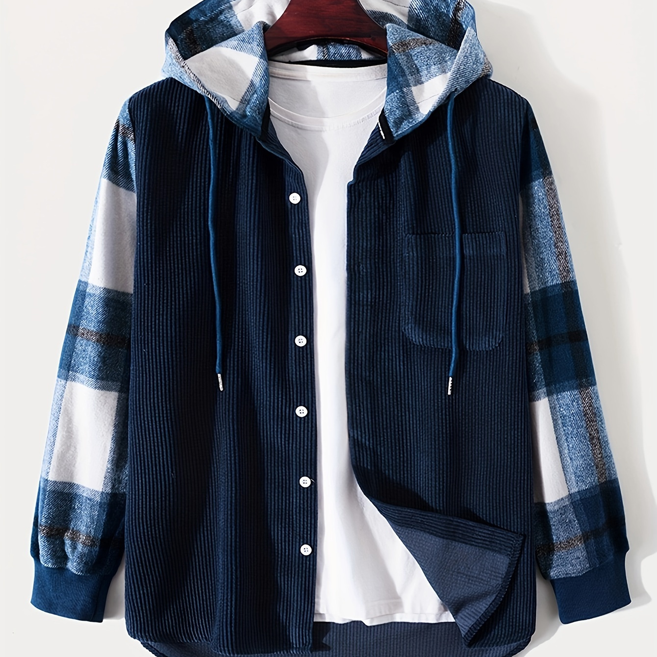 

Men's Casual Hooded Corduroy Shirt With Drawstring - , Button-up, Long Sleeve For Spring/fall