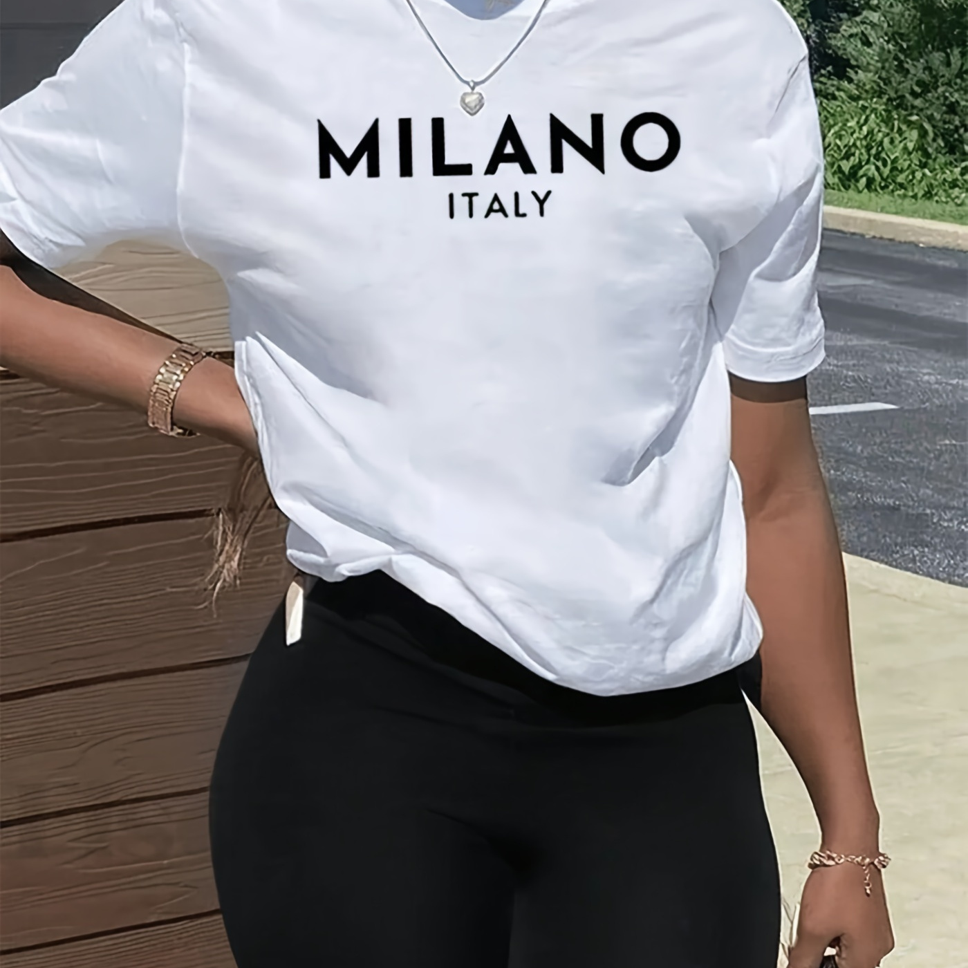 

Letter Print 2 Piece Set, Short Sleeve Crew Neck T-shirt & Short Leggings, Women's Clothing