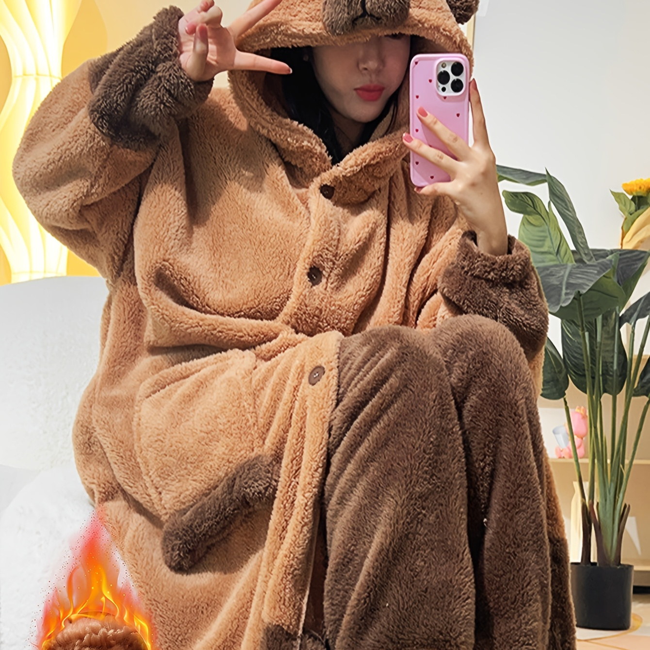 

Women's Cute Cartoon Sloth Fleece Thickened Warm Pajama Set, Long Sleeve Hooded Buttons Robe & Pants, Comfortable Relaxed Fit For Fall & Winter