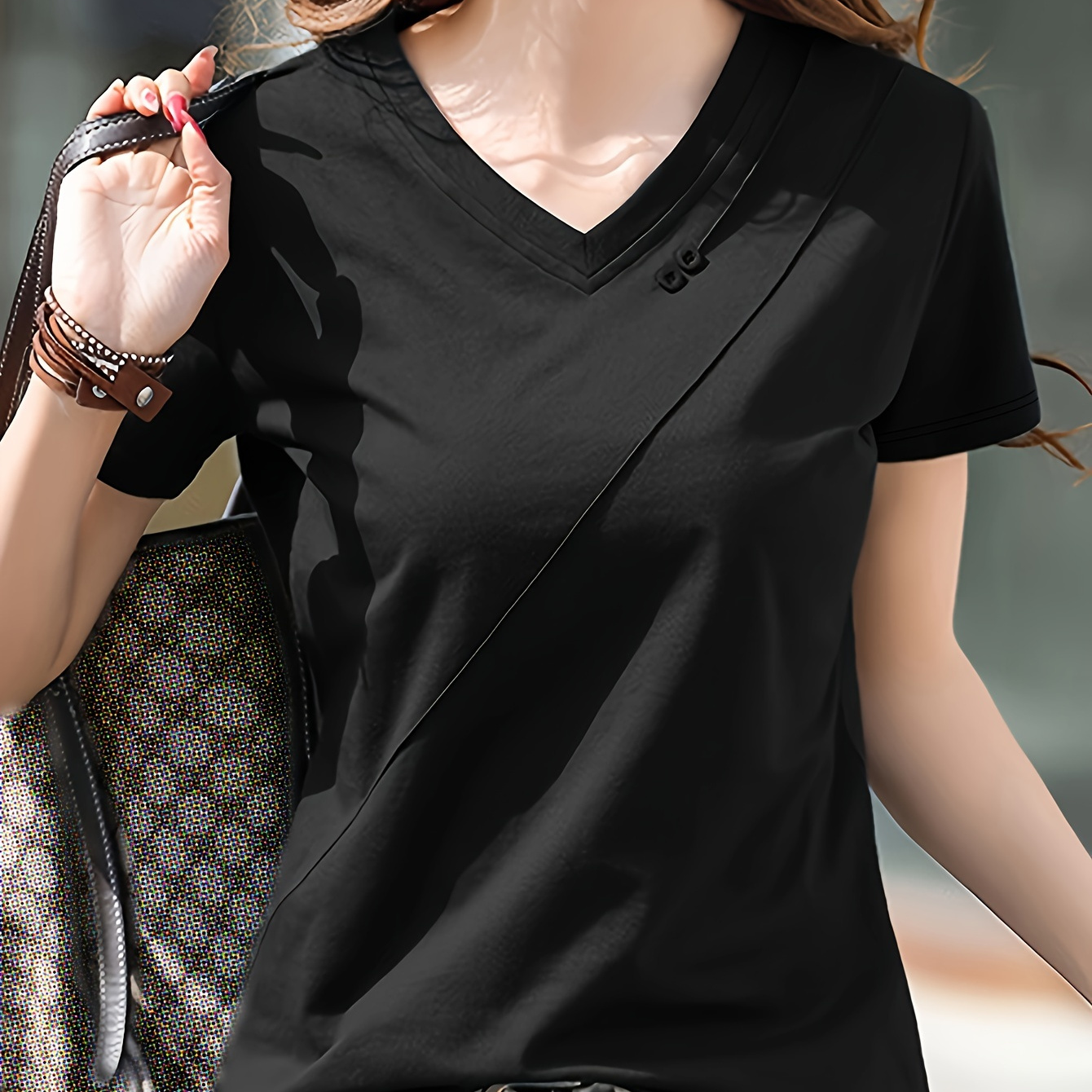 

Solid Color V Neck T-shirt, Casual Short Sleeve T-shirt For Spring & Summer, Women's Clothing