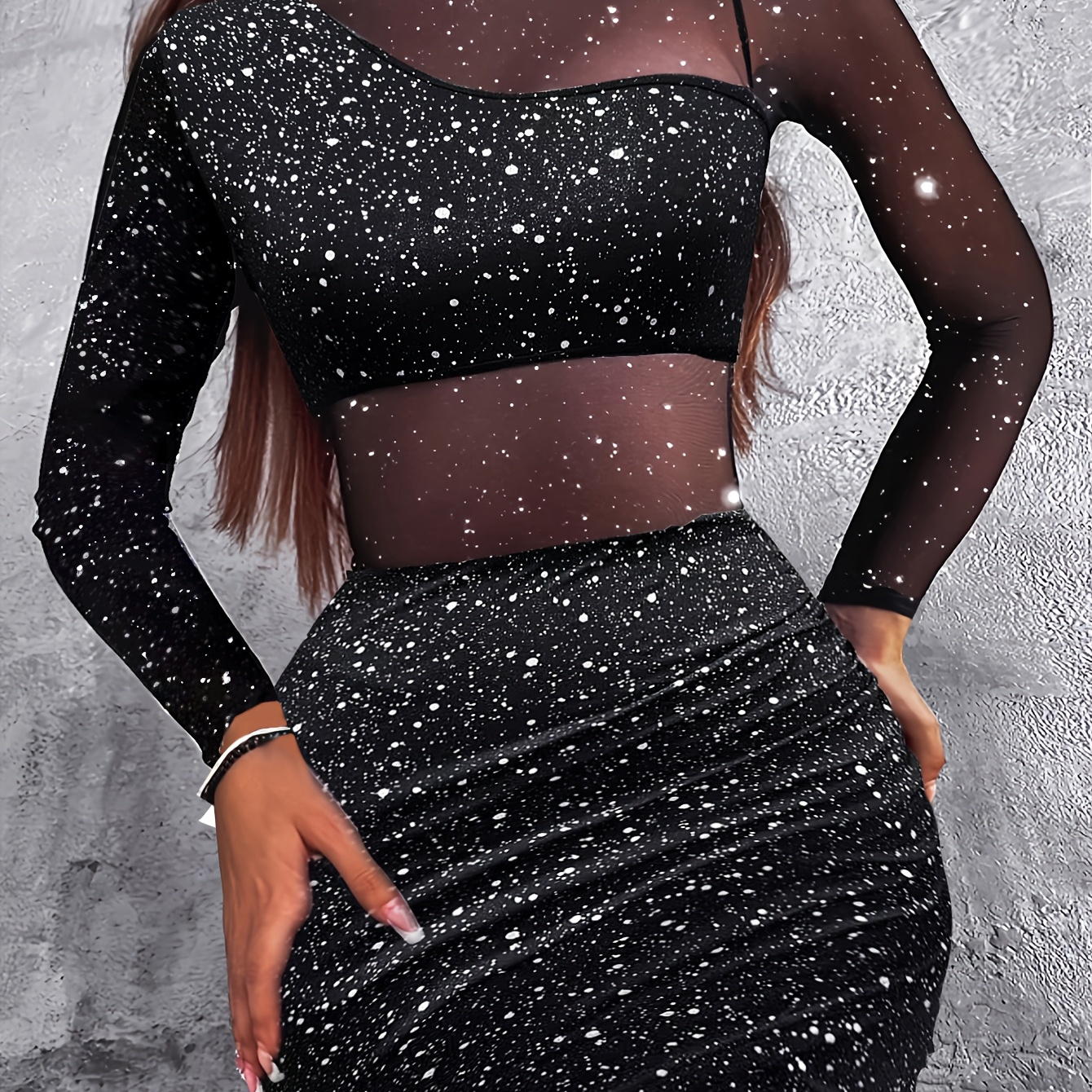 

Sexy Mesh Splicing Hot Silvery Hip- Dress, Features Shining, Women' Sexy Dress, Women's Valentine's Day Sexy Dress