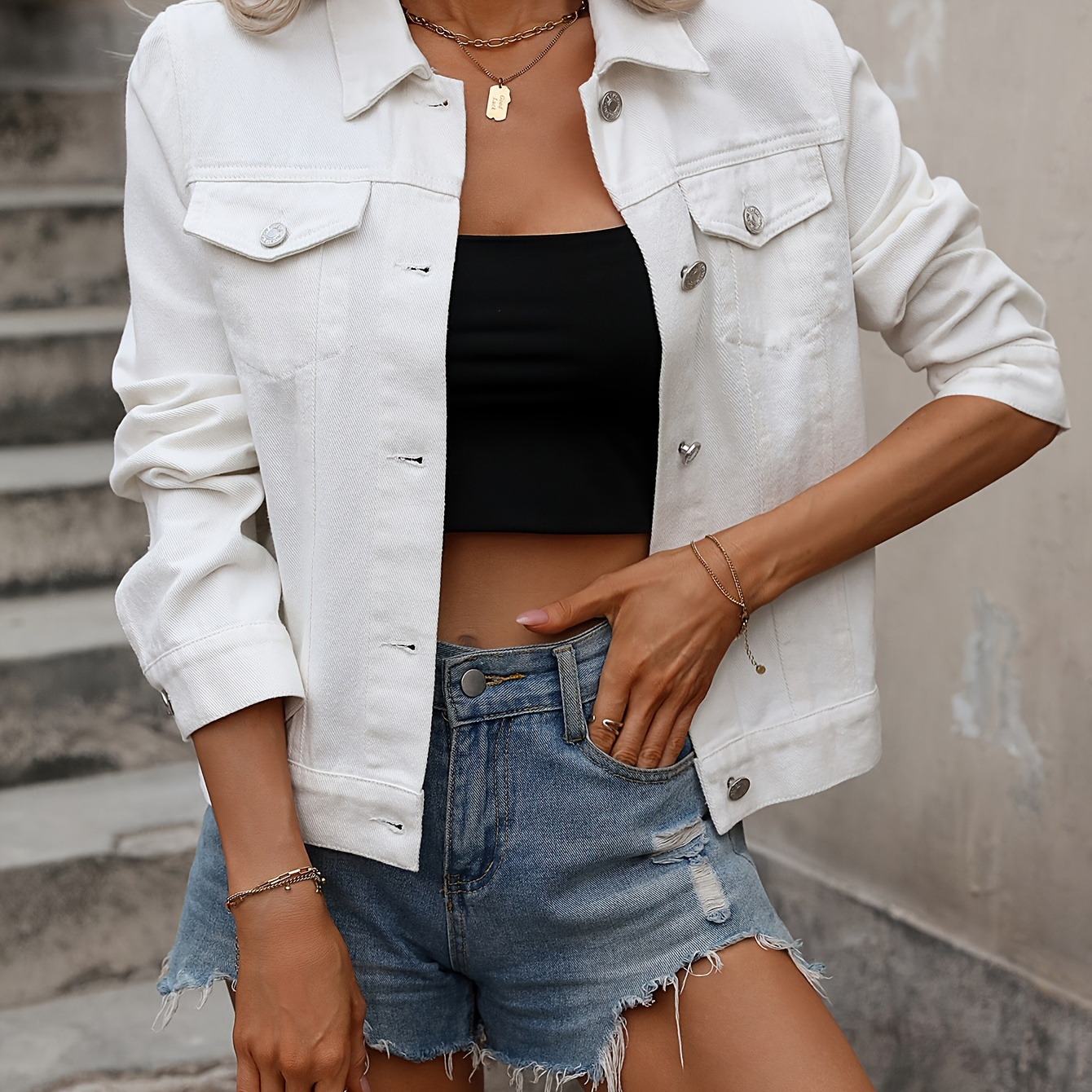 

Plain White Long Sleeve Denim Coat, Single-breasted Lapel Flap Pocket Denim Jacket, Women's Denim Jeans & Clothing