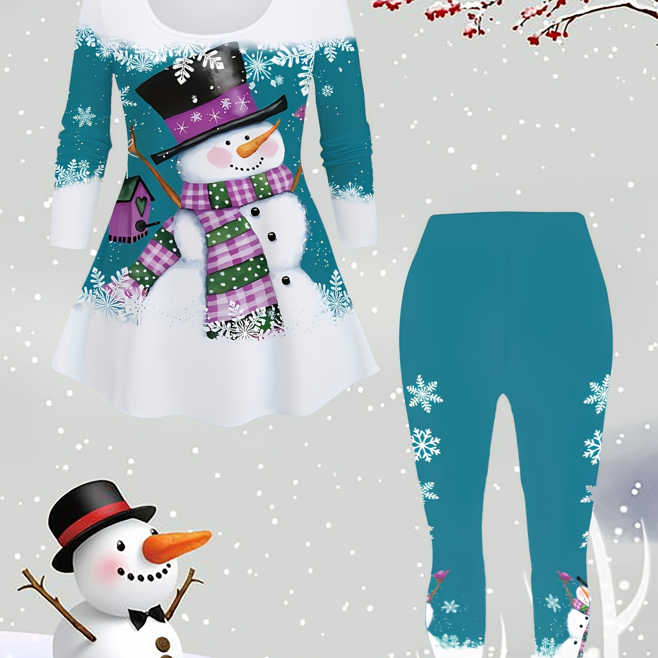 

Plus Size Christmas Snowman Print Two-piece Set, Crew Neck Long Sleeve Top & Pants Outfits, Women's Plus Size Clothing, Floral Print,