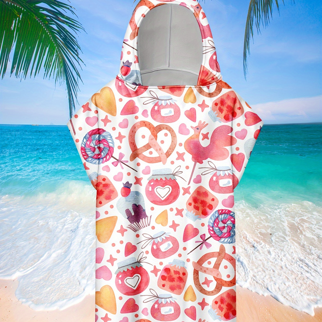 

1pc Candy Hooded Bathrobe, Lightweight Hooded Beach Towel, Printed Soft And Comfortable Home Bathrobe, Wearable Beach Blanket Beach Clothes For Pool Beach Travel, Suitable For Girls 3-11y Years Old