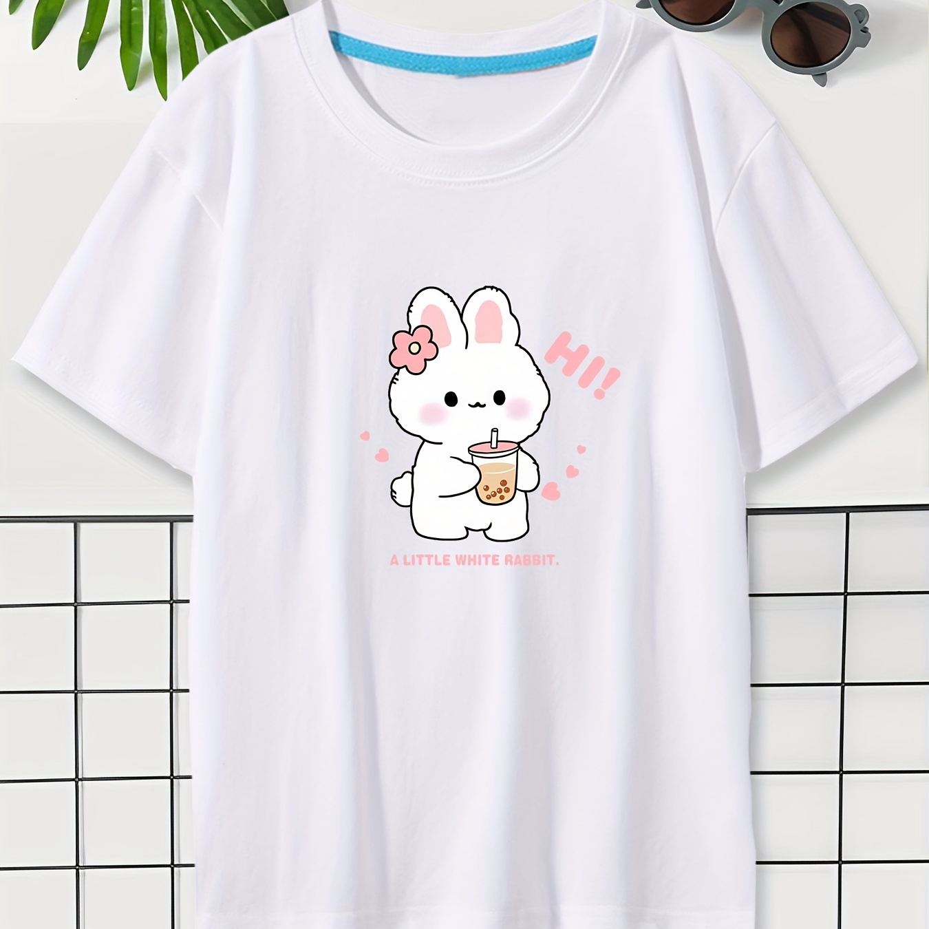 

Anime A Little Whit Rabbit With Bubble Tea Graphic Print For Girls, Casual Crew Neck T-shirt, Comfy Top Pullover For Spring And Summer For Exercise