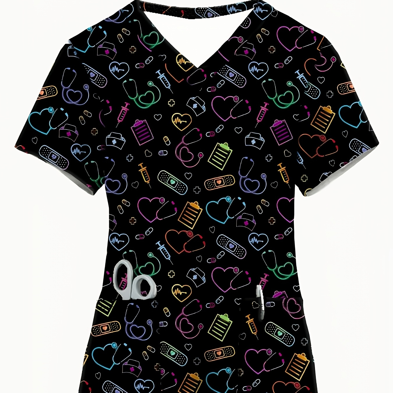 

Women' Short-sleeve V-neck Top, Featuring Cartoon Medical , Casual And Comfortable Nurse Uniform With Pockets.