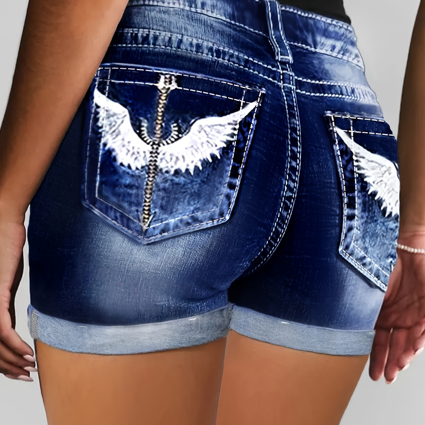 

Women's Plus Size Blue Denim Shorts With Embroidered Wings Pattern, Cuffed Hem, Vintage Casual Style For Outings