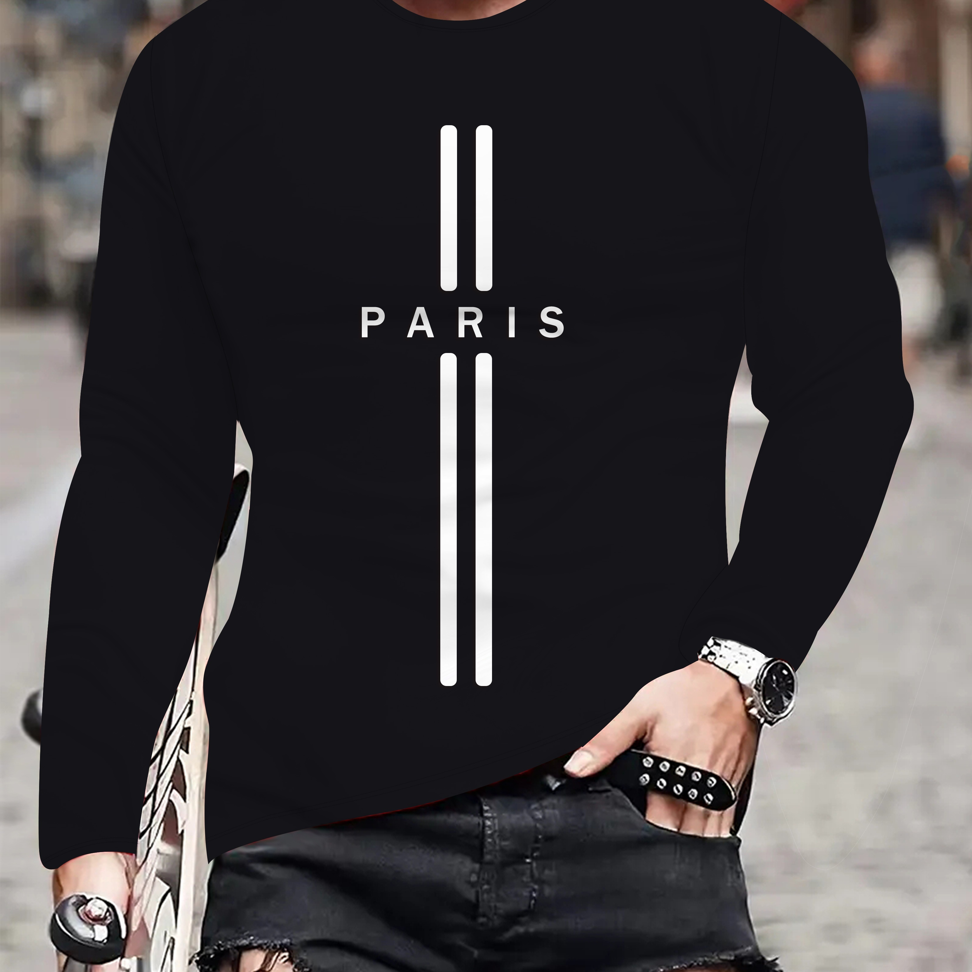 

Paris Print Men's Plus Size Long Sleeve Crew Neck T-shirt, Breathable Stylish Casual Top