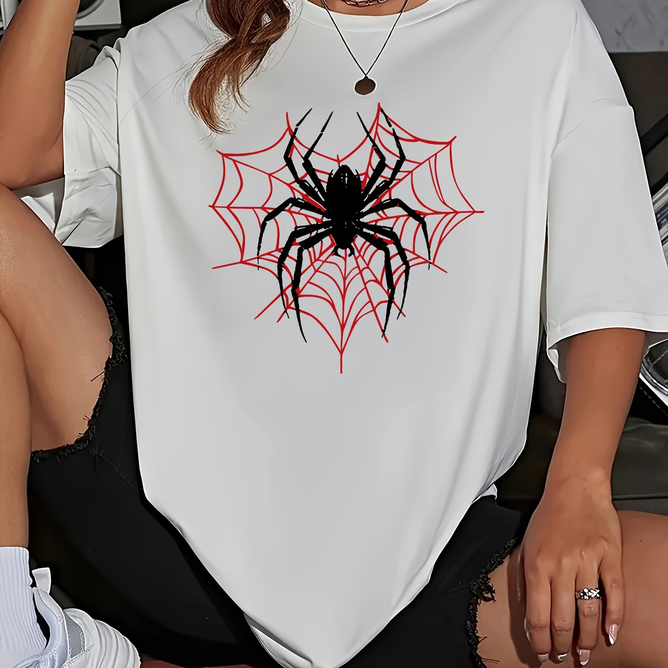 

Spider Print Drop Shoulder T-shirt, Short Sleeve Crew Neck Casual Top For Spring & Summer, Women's Clothing