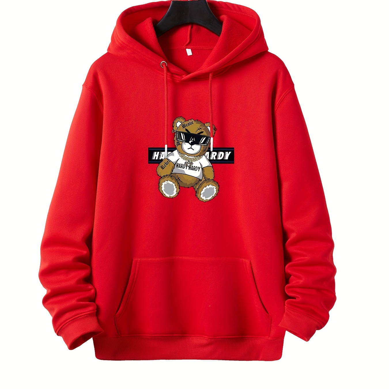 

cool Bear" Graphic Print Men's Casual Hoodies, Drawstring Comfortable Oversized Fleece Warm Hooded Pullover Sweatshirt Plus Size