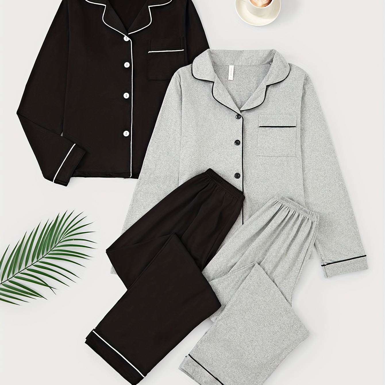 

2 Sets Simple Solid Pajama Set, Long Sleeve Buttons Lapel Top & Elastic Pants, Women's Sleepwear