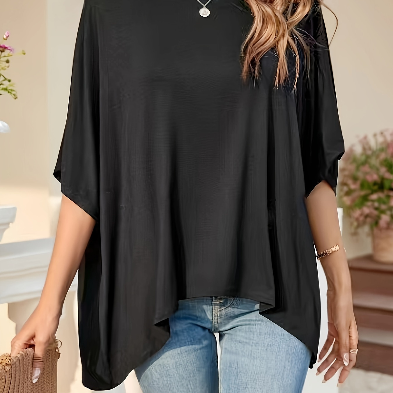 

Batwing Sleeve Crew Neck T-shirt, Elegant Solid Color T-shirt For Spring & Summer, Women's Clothing