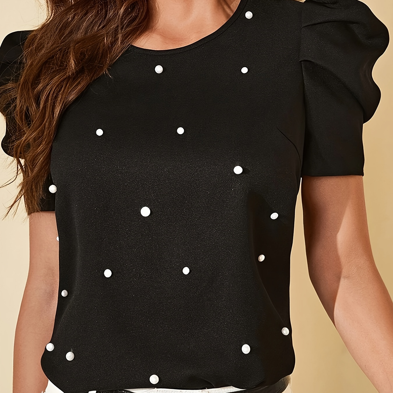 

Elegant Crew Neck Beaded Blouse, Short Puff Sleeve Blouse For Spring & Summer, Women's Clothing