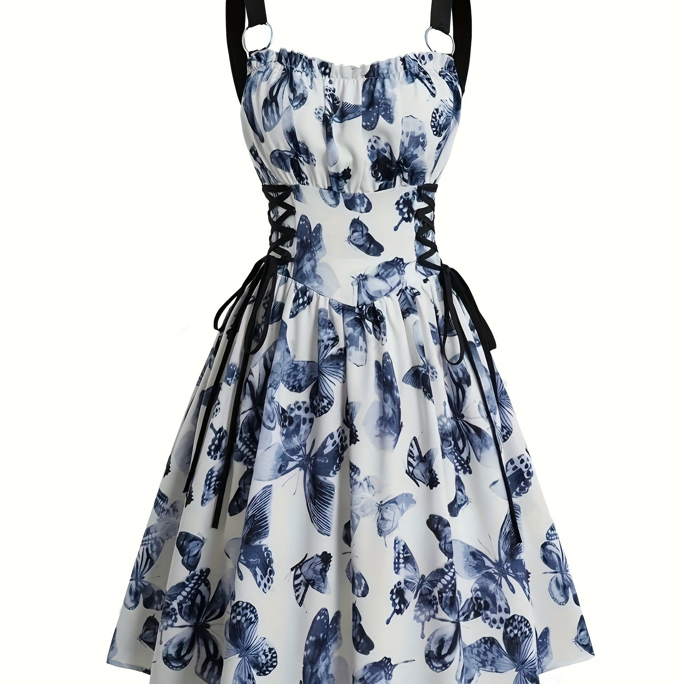 

Elegant Off-shoulder A-line Dress With Butterfly Print & Bow Tie Waist - Sleeveless, Zip-up, Polyester , Machine Washable - Parties & Beach