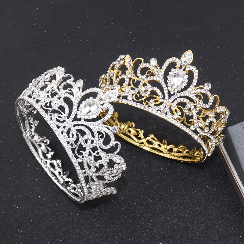 

Birthday Crown, Golden Silvery Wedding Tiara, Full Round Small Crystal Rhinestone Crown, Crown For Cake Topper, Birthday Tiara
