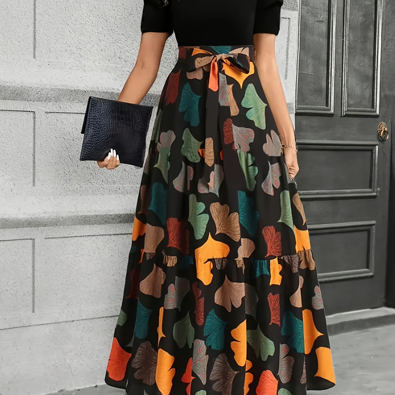 Rochie midi elegantă pentru femei cu imprimeu geometric, mâneci bufante și detaliu cu fundă - Potrivită pentru primăvară și vară