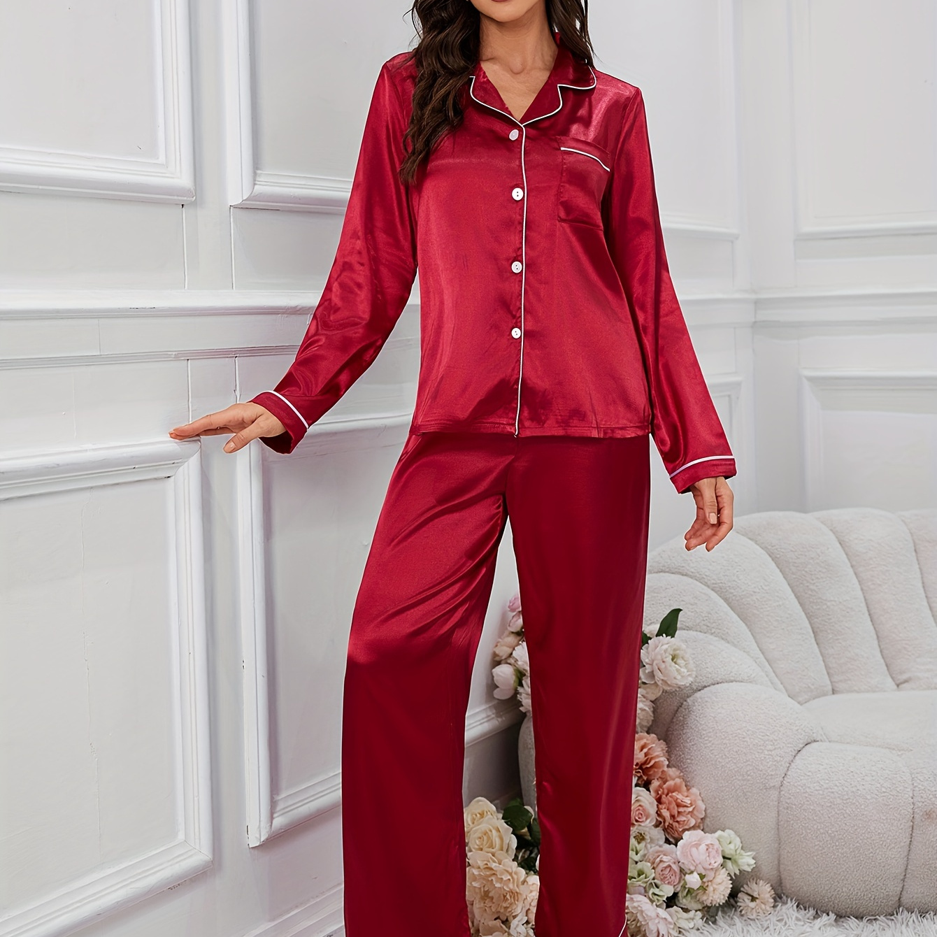 

Women's Elegant Solid Satin Pajama Set, Long Sleeve Buttons Lapel Top & Pants, Comfortable Relaxed Fit For Fall