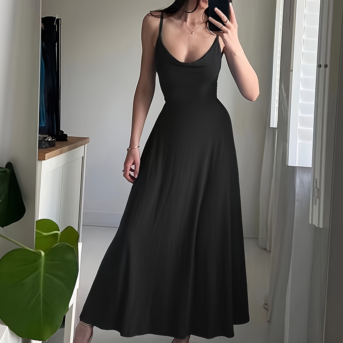 

Solid Crisscross Backless Cami Dress, Elegant Sleeveless Spaghetti Strap Low Cut Neckline Waist Maxi Dress, Women's Clothing