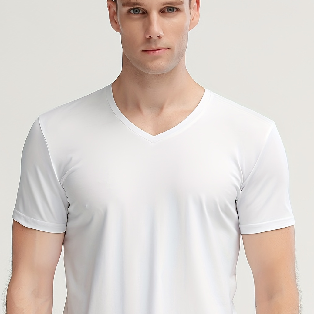 

Solid Men's Cotton Comfy Short Sleeve V-neck T-shirt, Summer Outdoor Breathable Sports Top