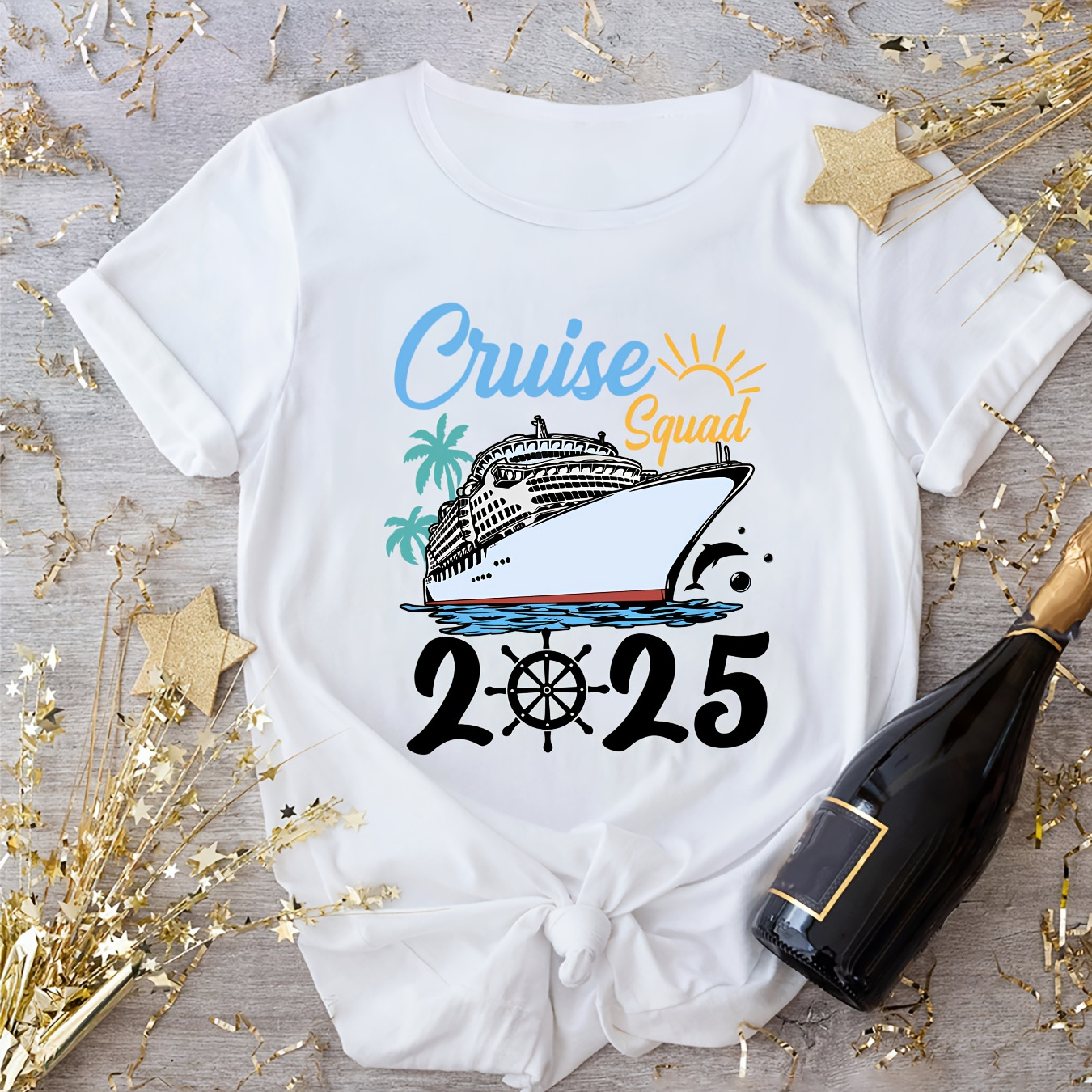 

Women's Casual Summer T-shirt With Cruise Ship Graphic - Breathable Polyester, Crew Neck, Short Sleeve, Machine Washable